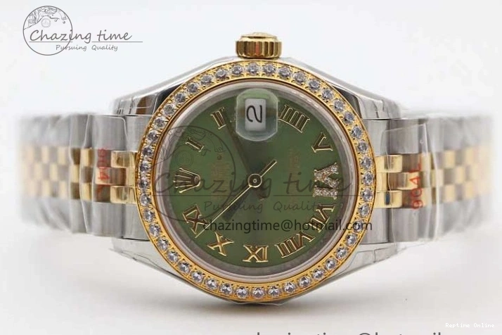 1219 Bright Lady DateJust 28 SS YG TWF Diamonds Bezel 1:1 Best Edition Green Dial Roman Markers on Jubilee Bracelet NH 2135